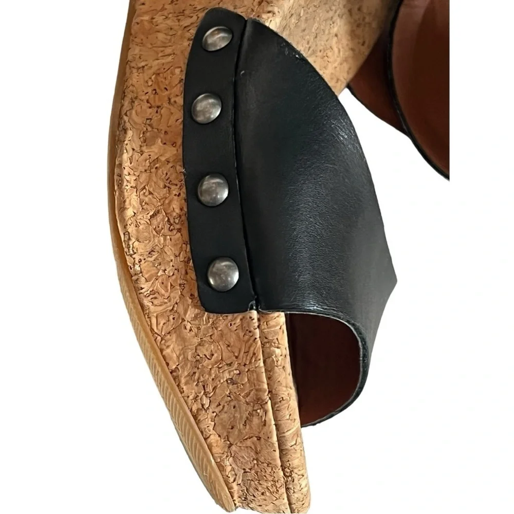 Lucky Brand Moran Cork Wedge Sandals Black Leather Studded Platform Size 8.5